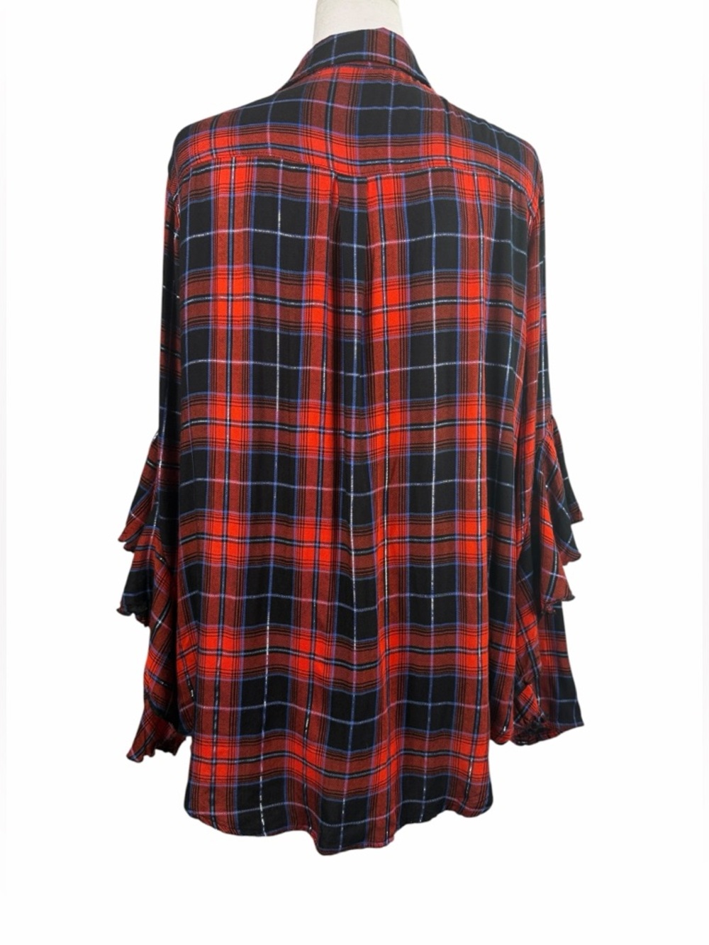 EST. 1946 Red Plaid Ruffle Sleeve Button Down Blouse Fall Chic Size L - Picture 3 of 13